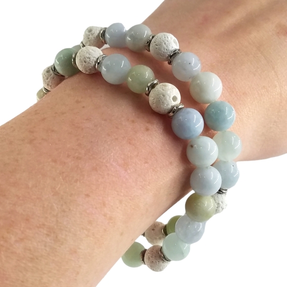 Wristy Wraps Jewelry - Aquamarine and Lava Stone Stretchy Bracelet Double Stack